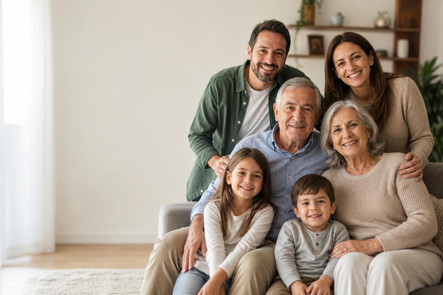 Three generations of a family laughing together outdoors